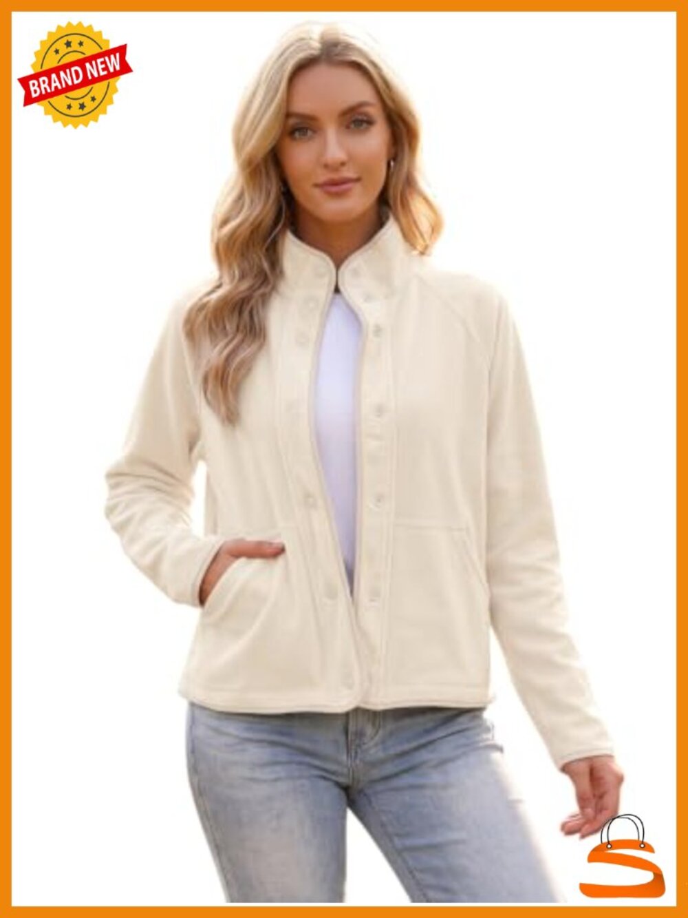Fleece Jacket Women Button Down Snap Front Stand Collar Cropped Coat